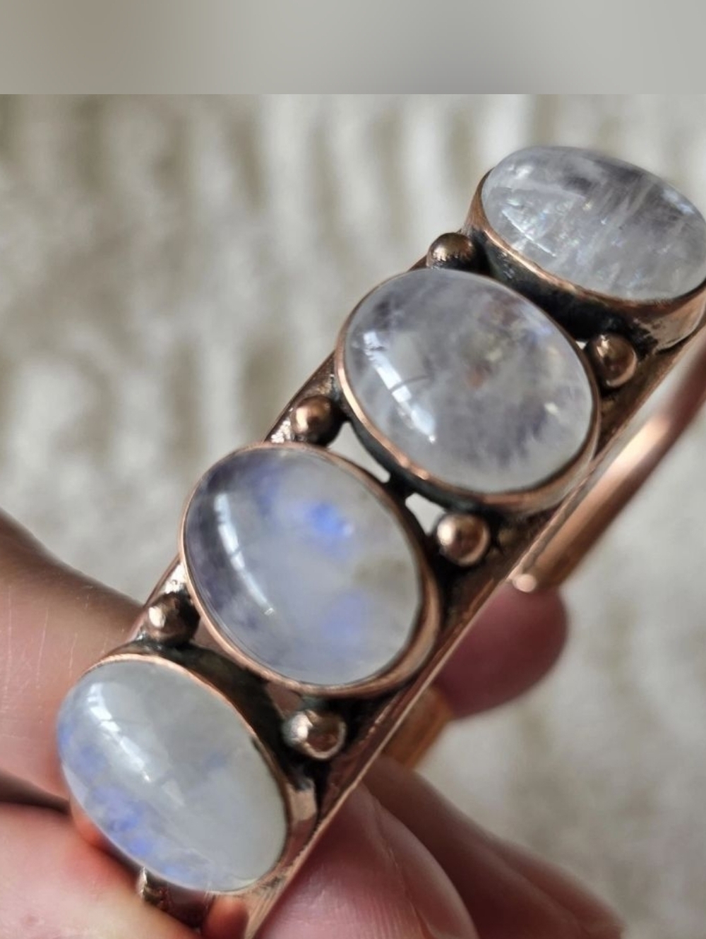 Copper Cuff Bracelet With Rainbow Moonstone, Southwestern